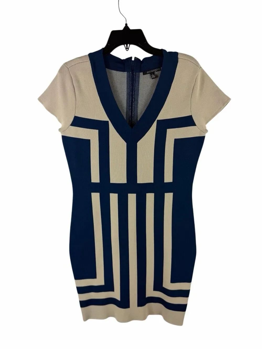 Eva Longoria Tan and Blue Bodycon Dress- Size L